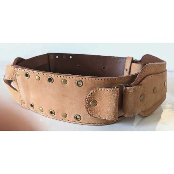 BCBG Maxazria Belt Brown Genuine Leather Wide Narrow Width Brass Buckle Size S - Picture 2 of 16